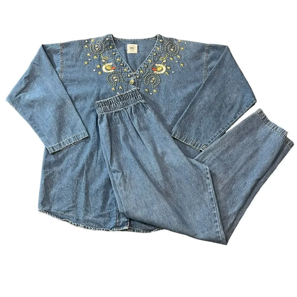 VintageโMirage Artwear Womenโs Western Navajo Style Bling Denim Topโ & Bottoms